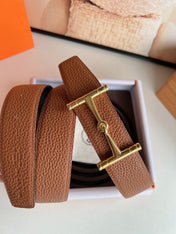 HM JUMBO BELT BUCKLE & REVERSIBLE CIDER ORANGE AND BLACK LEATHER STRAP 38 MM GOLD HARDWARE