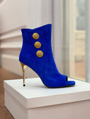 BALMAIN 26S OPEN-TOE BOOTS 95 MM IN NAVY BLUE SUEDE