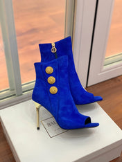 BALMAIN 26S OPEN-TOE BOOTS 95 MM IN NAVY BLUE SUEDE