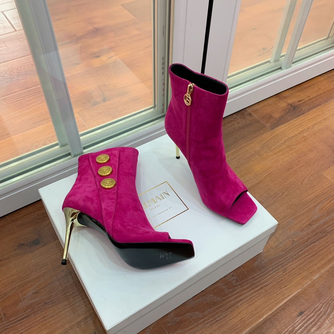 BALMAIN 26S OPEN-TOE BOOTS 95 MM IN DARK PINK SUEDE