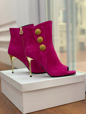 BALMAIN 26S OPEN-TOE BOOTS 95 MM IN DARK PINK SUEDE