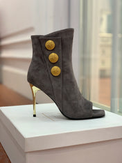 BALMAIN 26S OPEN-TOE BOOTS 95 MM IN GRAYISH BROWN SUEDE