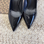 OPYUM SILVER HEEL PUMPS IN BLACK GLOSSY CALFSKIN