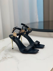 BALMAIN 25S HIGH HEELS WITH B METAL DETAIL 95MM IN BLACK CALFSKIN