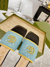 GG EXCLUSIVE SLIDE SANDAL SKY AND BLACK CALFSKIN