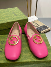 BLONDIE LOGO-PLAQUE LOAFERS IN BRIGHT PINK CALFSKIN WITH GOLD HARDWARE