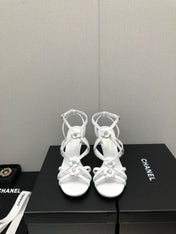 FLORAL HIGH HEEL SANDAL IN WHITE LAMBSKIN