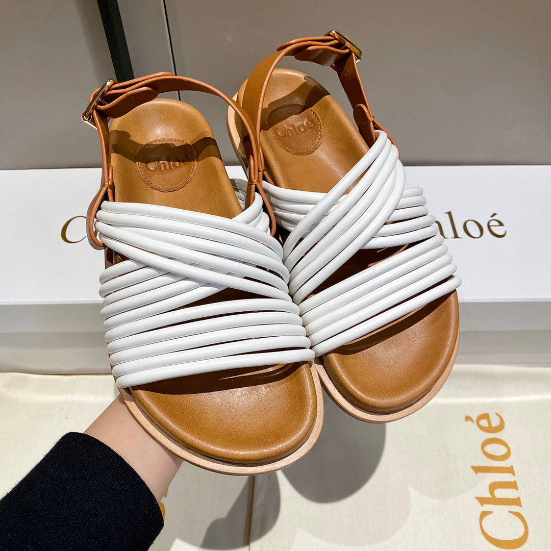 CHLOÉ CROSS STRAP SANDAL IN WHITE MIX BRONZE BROWN RUBBER WITH GOLD HARDWARE