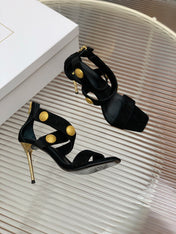 BALMAIN 25S CROSSOVER STRAP HIGH HEELS 95MM IN BLACK SUEDE