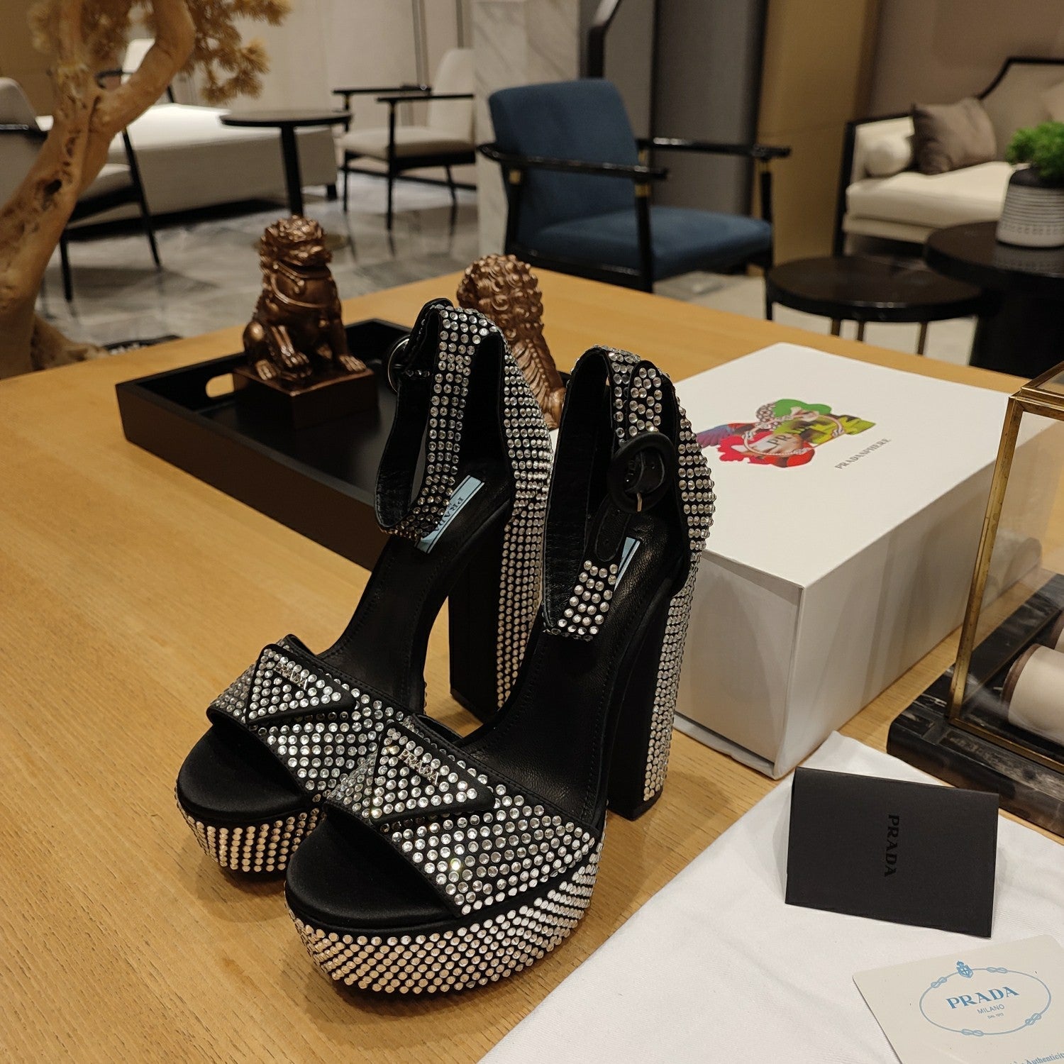 PRADA 26S RHINESTONE PLATFORM ANKLE STRAP SANDALS 135MM IN BLACK SATIN