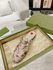 HORSEBIT FLOWER SLIPPER MULE IN LINEN BEIGE MONOGRAM JACQUARD FABRIC