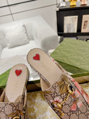 HORSEBIT FLOWER SLIPPER MULE IN DARK BEIGE MONOGRAM JACQUARD FABRIC