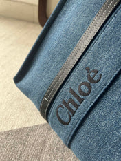LAGRE WOODY TOTE BAG 45 IN BLUE DENIM BLACK CALFSKIN