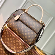 CLUNY MM HANDBAG 33 IN BROWN MONOGRAM CALFSKIN BEIGE BLACK EMBROIDERED LOGO CANVAS