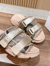 DIOR PLATFORM SLIDES 25S 30 MM IN MOSS GREEN FABRIC AND NUDE CALFSKIN