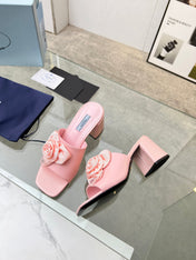 PRA FLOWER BLOCK HEELS 75 LIGHT PINK CALFSKIN