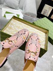 HORSEBIT SLIPPER MULE WITH CUTE CAT PRINT IN LIGHT PINK CALFSKIN