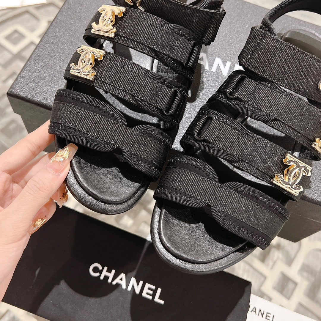 Double C  Xiaoxiang Chain Fabric Head Chunky Sandal Black Lambskin