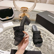 Double C  Xiaoxiang Chain Fabric Head Chunky High Heel Black Lambskin