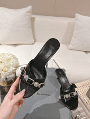 BALENCIAGA 25S HIGH-HEEL SANDALS IN BLACK COW LEATHER WITH RHINESTONE STRAP