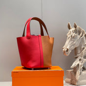 HERMES 25S PICOTIN LOCK 18 IN GOLDEN BROWN AND RED CALFSKIN SILVER HARDWARE