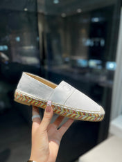 LOAFERS IN WHITE FABRIC AND RAFFIA