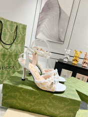 GG HIGH - HEEL SANDAL WHITE FABRIC ATTACH BOW