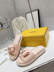 FENDI BAGUETTE SLIPPERS IN PASTEL PINK LAMBSKIN WITH GOLD HARDWARE