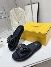 FENDI BAGUETTE SLIPPERS IN BLACK LAMBSKIN WITH GOLD HARDWARE