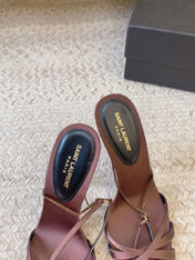 CROSS STRAP HIGH HEEL IN CHESTNUT SILK GOLD CHAIN
