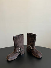 MIUMIU 26S MID-CALF BOOTS IN DARK BROWN SUEDE SILVER HARDWARE