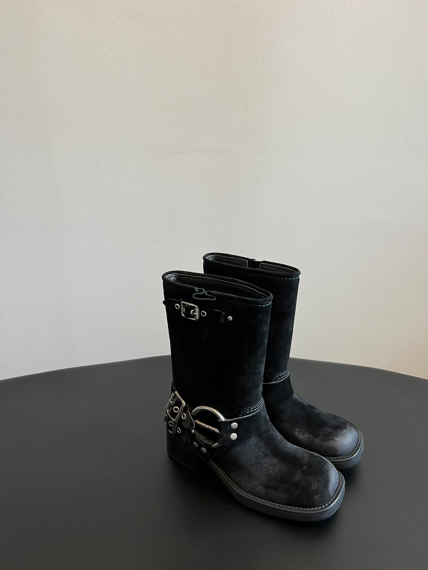MIUMIU 26S MID-CALF BOOTS IN BLACK SUEDE SILVER HARDWARE