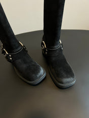 MIUMIU 26S KNEE-HIGH BOOTS IN BLACK SUEDE SILVER HARDWARE