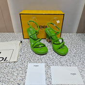 FENDI CHUNKY HIGH-HEELED SANDAL IN SHAMROCK GREEN CALFKIN WITH GOLD HARDWARE