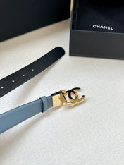 CC 30MM BELT IN STONE BLUE AND BLACK CALFSKIN WITH GOLD HARDWARE