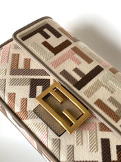 Fend Baguette White Brown and Multicolour Canvas Bag 27 with FF Embroidery Ghw