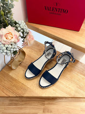 VALENTINO 26S WEDGE SANDALS IN DARK BLUE CALFSKIN