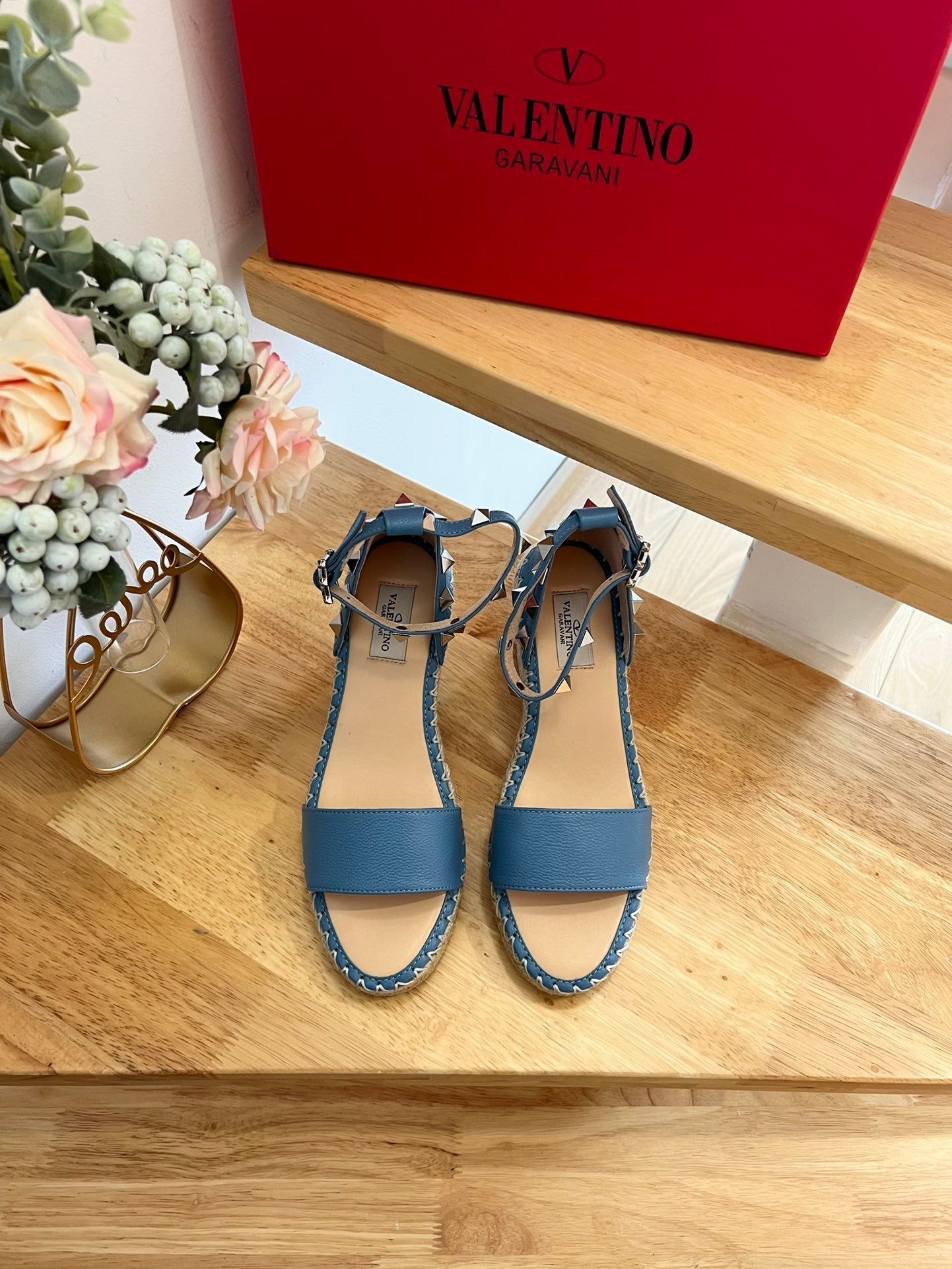 VALENTINO 26S WEDGE SANDALS IN BLUE CALFSKIN