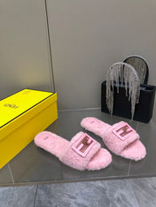 FENDI BAGUETTE SLIDE SLIPPERS IN LIGHT PINK WOOL