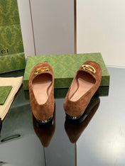 BLONDIE LOGO-PLAQUE LOAFERS IN BRONZE BROWN SUEDE WITH GOLD HARDWARE