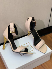 BALMAIN 25S SQUARE STRAP HIGH HEELS 100MM IN BEIGE PATENT CALFSKIN
