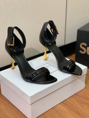BALMAIN 25S SQUARE STRAP HIGH HEELS 100MM IN BLACK PATENT CALFSKIN
