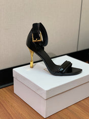 BALMAIN 25S SQUARE STRAP HIGH HEELS 100MM IN BLACK PATENT CALFSKIN
