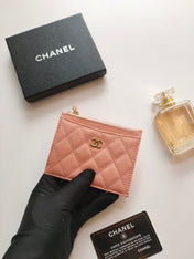 CC ZIPPED CARD HOLDER 11.5 PEACH GRAINED CALFSKIN GOLD ICON