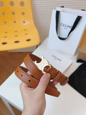 CELINE 25S TRIOMPHE BELT 25MM IN CARAMEL CALFSKIN GOLD HARDWARE 580704