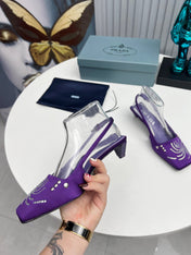 PRADA 26S SLINGBACK PUMPS 40MM IN PURPLE SATIN CRYSTAL EMBELLISHED
