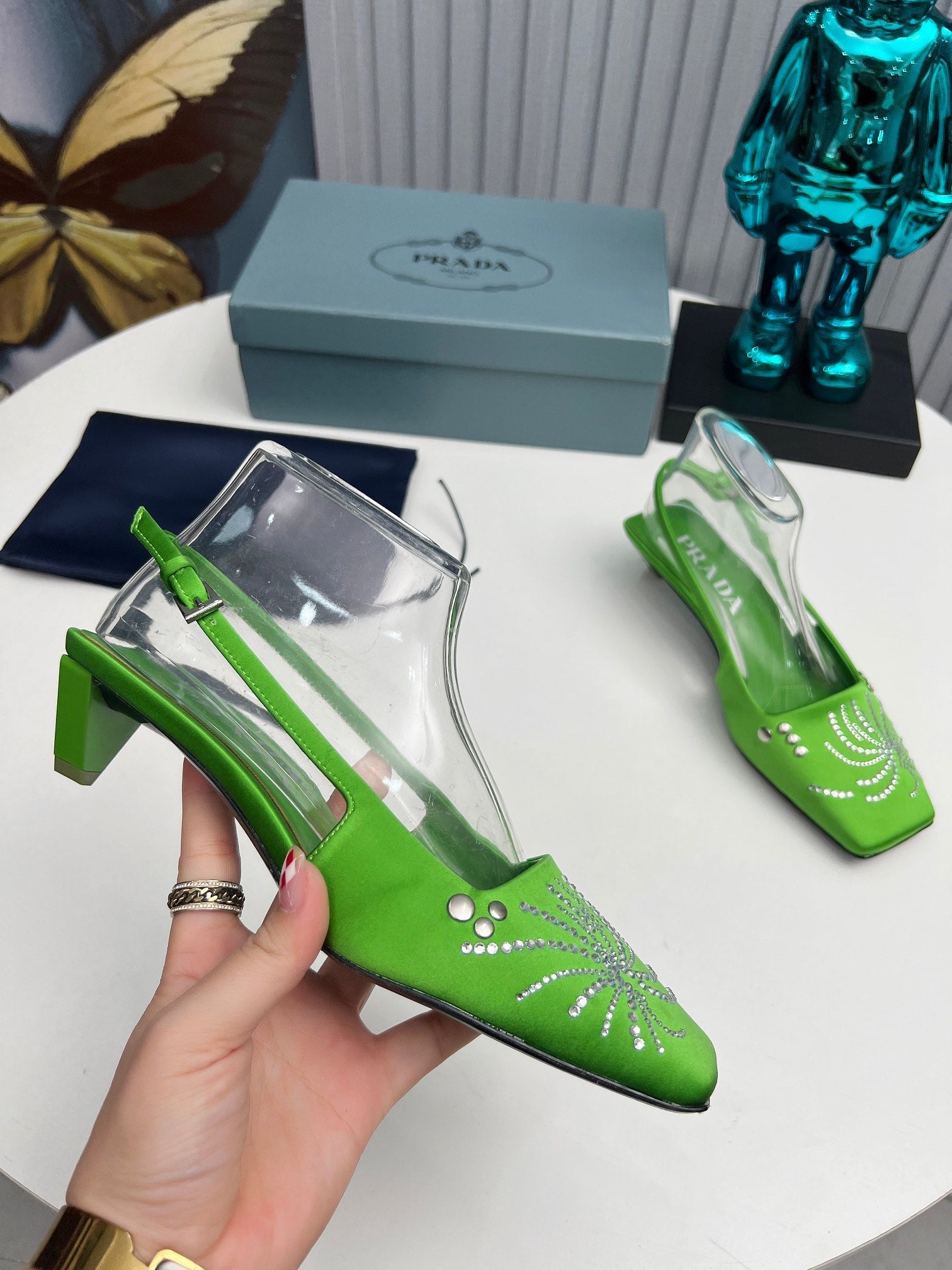 PRADA 26S SLINGBACK PUMPS 40MM IN APPLE GREEN SATIN CRYSTAL EMBELLISHED