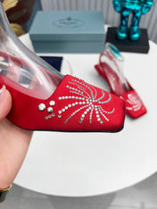 PRADA 26S SLINGBACK PUMPS 40MM IN DARK RED SATIN CRYSTAL EMBELLISHED