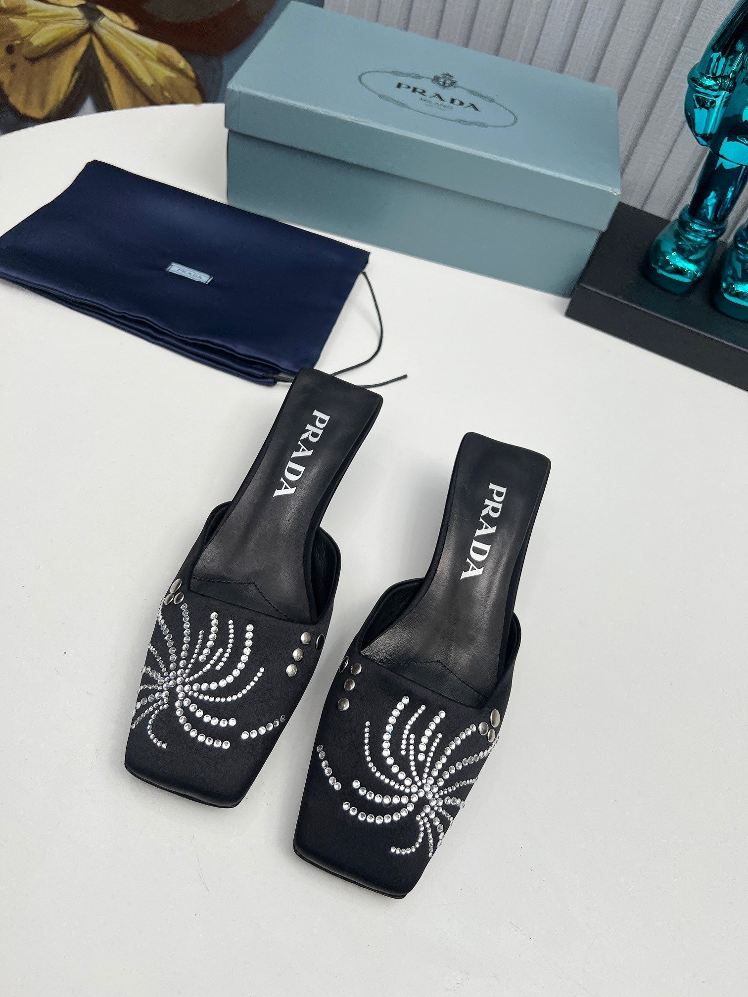 PRADA 26S MULE 40MM IN BLACK SATIN CRYSTAL EMBELLISHED