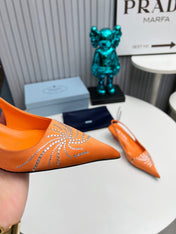 PRADA 26S POINTED TOE SLINGBACK 40MM IN ORANGE SATIN CRYSTAL EMBELLISHED